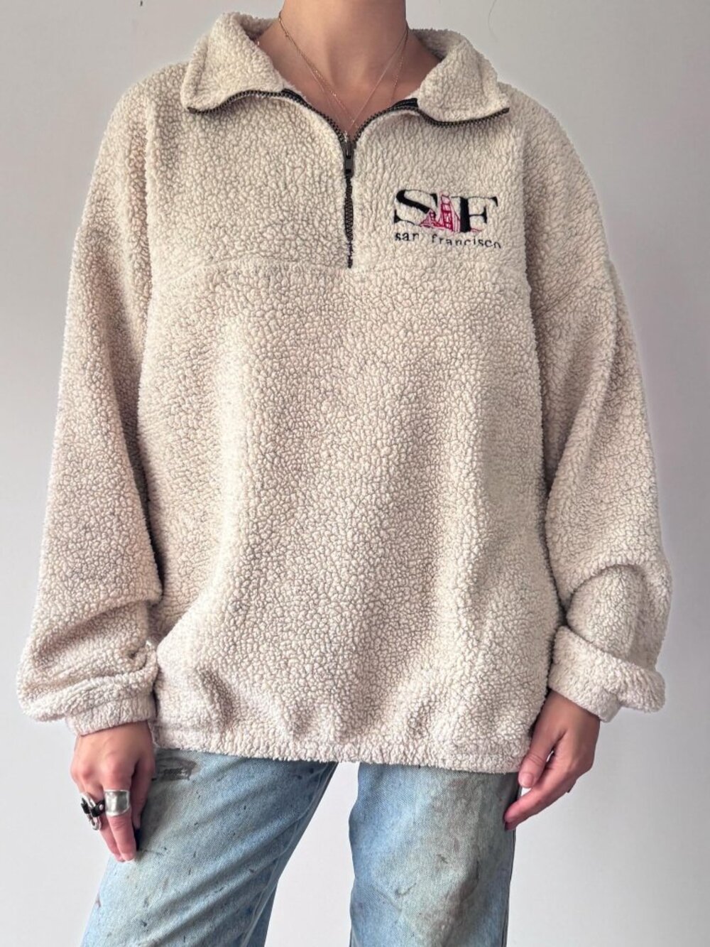80s vintage San Francisco California sherpa fleece quarter zip pullover sweater